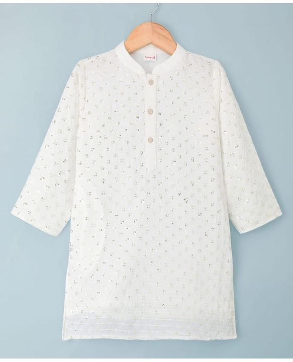 Babyhug Cotton Blend Woven Full Sleeves Kurta Pajama Set with Sequin Embroidery - White
