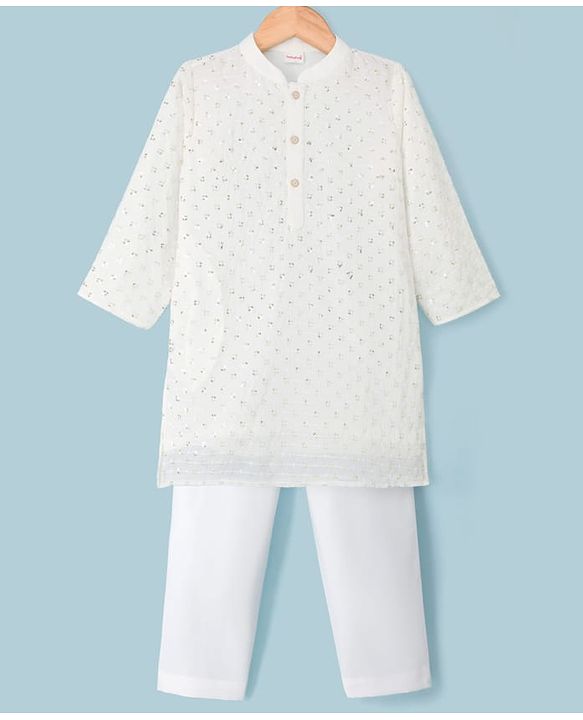 Babyhug Cotton Blend Woven Full Sleeves Kurta Pajama Set with Sequin Embroidery - White