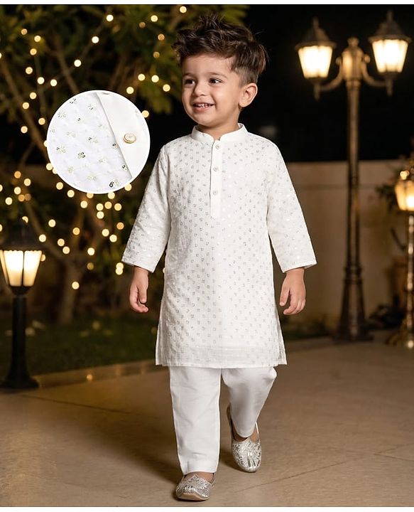 Babyhug Cotton Blend Woven Full Sleeves Kurta Pajama Set with Sequin Embroidery - White