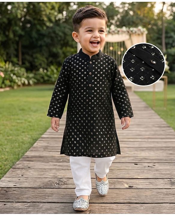 Babyhug Cotton Blend Woven Full Sleeves Sequinned Embroidered Kurta Pyjama Set - Black