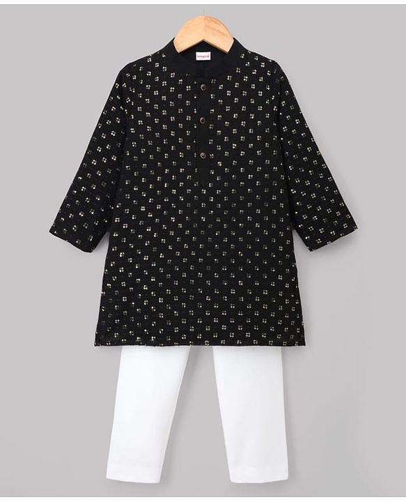 Babyhug Cotton Blend Woven Full Sleeves Sequinned Embroidered Kurta Pyjama Set - Black