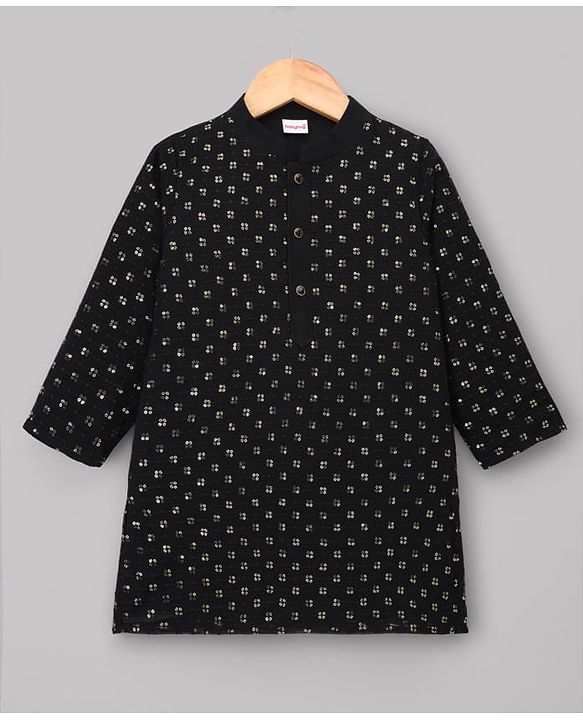 Babyhug Cotton Blend Woven Full Sleeves Sequinned Embroidered Kurta Pyjama Set - Black