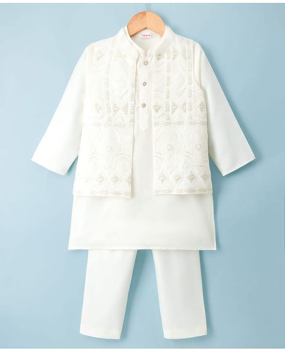 Babyhug Cotton Blend Woven Full Sleeves Solid Kurta Pyjama Set With Embroidered & Sequinned Jacket - OffWhite