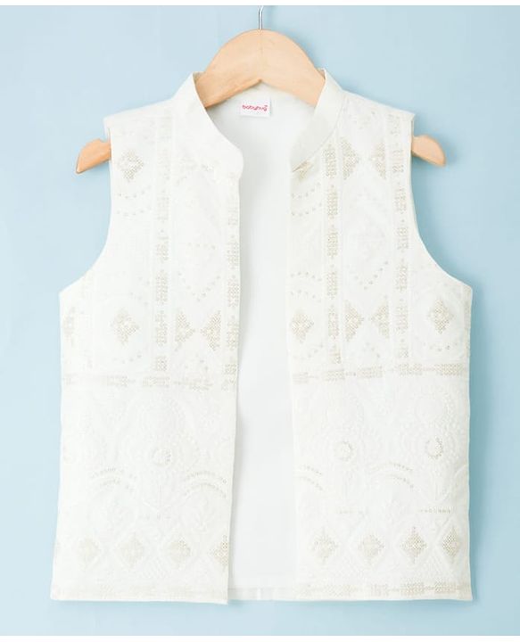 Babyhug Cotton Blend Woven Full Sleeves Solid Kurta Pyjama Set With Embroidered & Sequinned Jacket - OffWhite