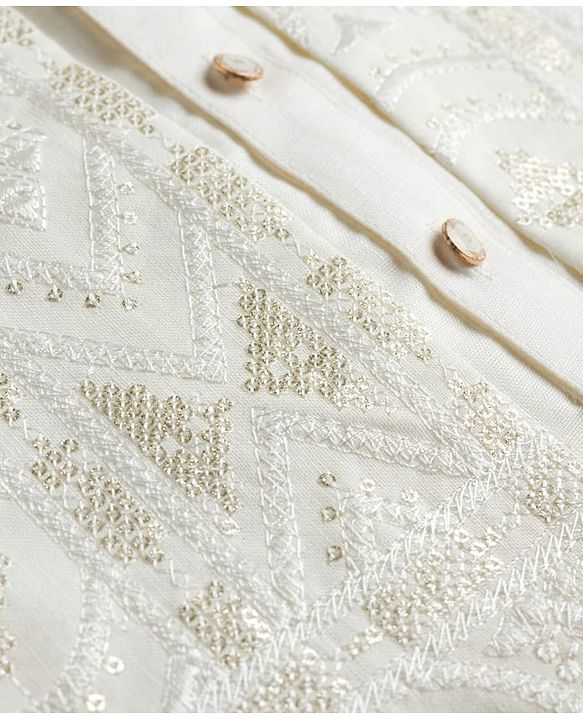 Babyhug Cotton Blend Woven Full Sleeves Solid Kurta Pyjama Set With Embroidered & Sequinned Jacket - OffWhite