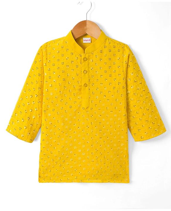 Babyhug Cotton Blend Woven Full Sleeves Kurta Pyjama Set With Sequin Detailing - Yellow
