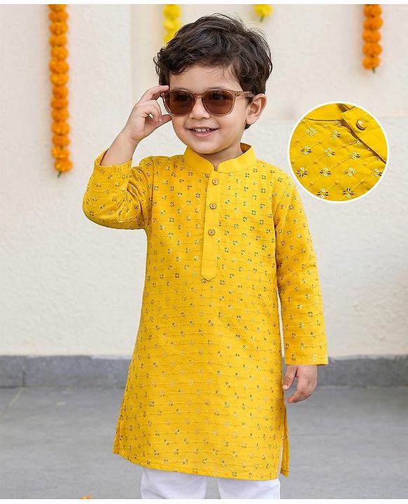 Babyhug Cotton Blend Woven Full Sleeves Kurta Pyjama Set With Sequin Detailing - Yellow
