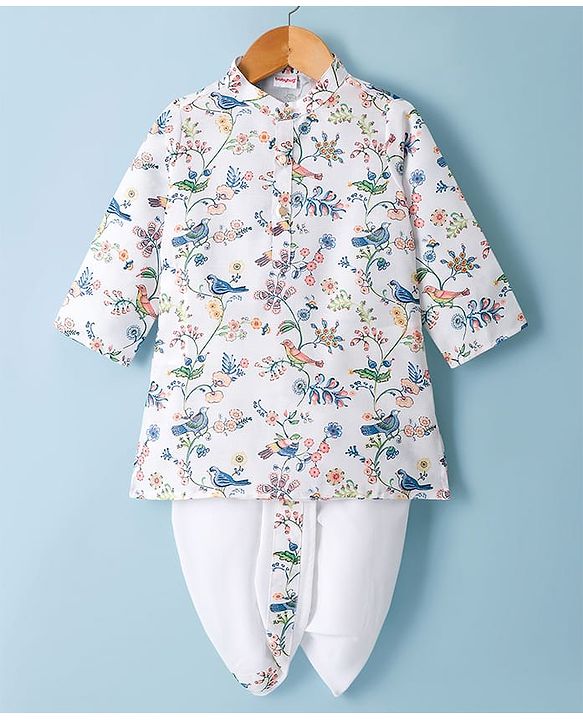 Babyhug Cambric Woven Full Sleeves Kurta Dhoti Set With Floral & Bird Print - White