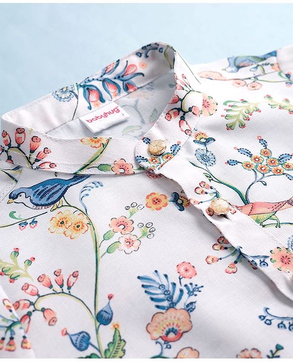 Babyhug Cambric Woven Full Sleeves Kurta Dhoti Set With Floral & Bird Print - White