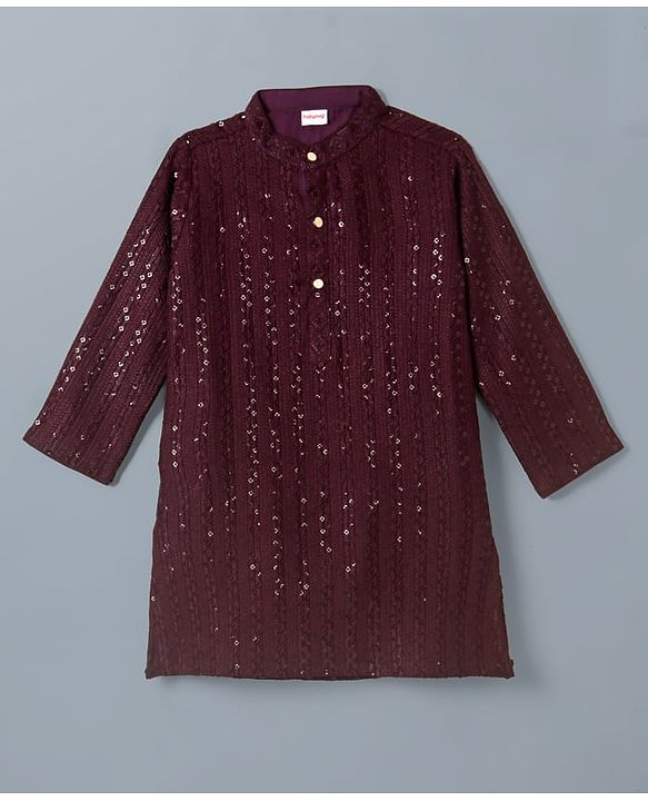 Babyhug Cotton Blend Woven Full Sleeves Embroidered & Sequinned Kurta Pyjama Set - Wine