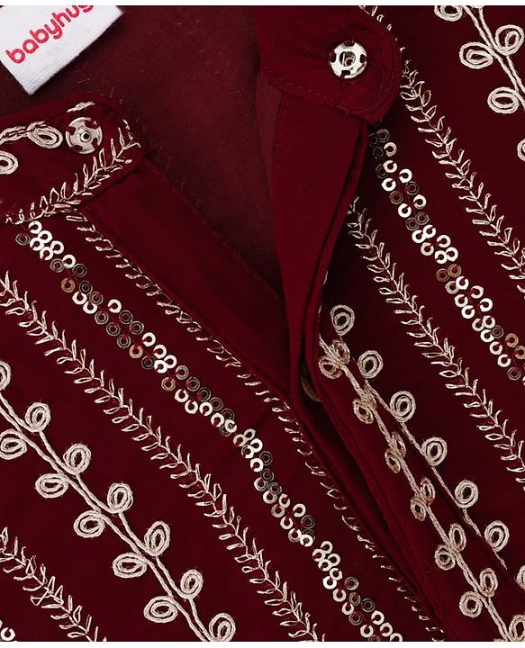 Babyhug Cotton Blend Woven Full Sleeves Embroidered & Sequinned Kurta Pyjama Set - Wine