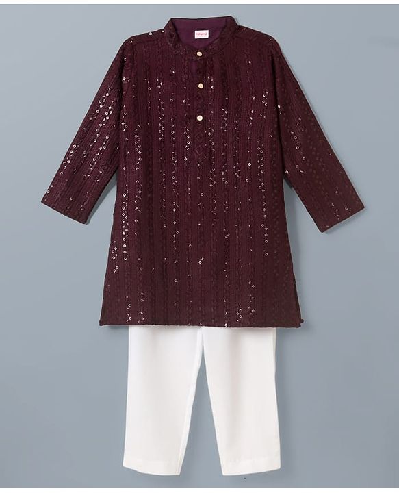 Babyhug Cotton Blend Woven Full Sleeves Embroidered & Sequinned Kurta Pyjama Set - Wine