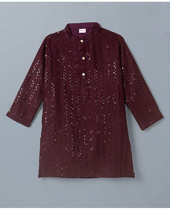 Babyhug Cotton Blend Woven Full Sleeves Embroidered & Sequinned Kurta Pyjama Set - Wine