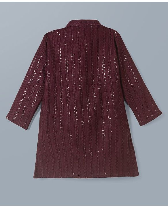 Babyhug Cotton Blend Woven Full Sleeves Embroidered & Sequinned Kurta Pyjama Set - Wine