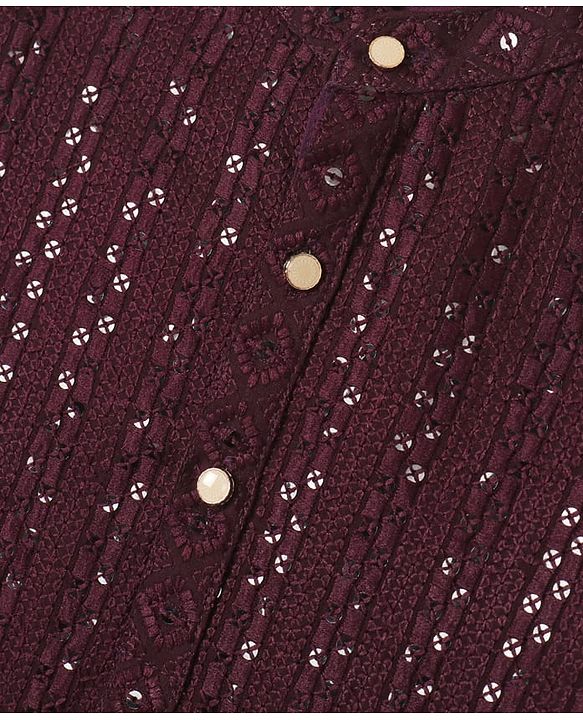Babyhug Cotton Blend Woven Full Sleeves Embroidered & Sequinned Kurta Pyjama Set - Wine
