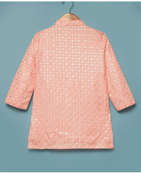 Babyhug Cotton Blend Woven Full Sleeves Sequin Embroidered Kurta Pyjama Set - Peach