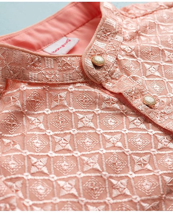 Babyhug Cotton Blend Woven Full Sleeves Sequin Embroidered Kurta Pyjama Set - Peach
