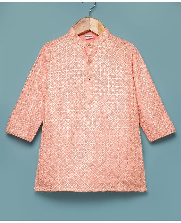 Babyhug Cotton Blend Woven Full Sleeves Sequin Embroidered Kurta Pyjama Set - Peach