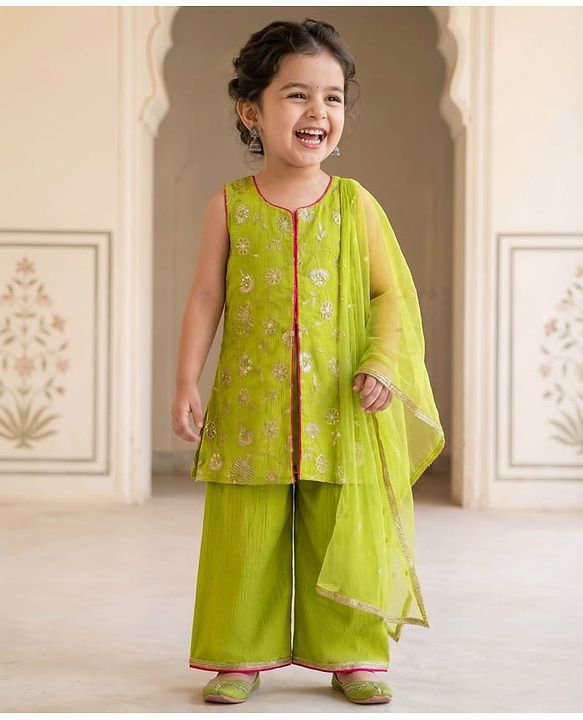 Babyhug Woven Sleeveless Kurti Palazzo Set with Dupatta & Sequin Detailing - Green