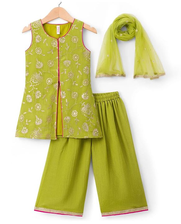 Babyhug Woven Sleeveless Kurti Palazzo Set with Dupatta & Sequin Detailing - Green