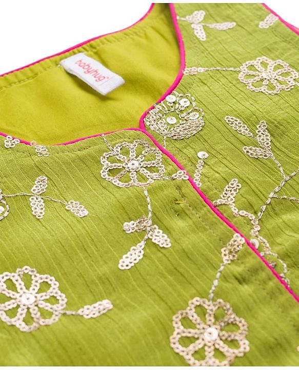 Babyhug Woven Sleeveless Kurti Palazzo Set with Dupatta & Sequin Detailing - Green