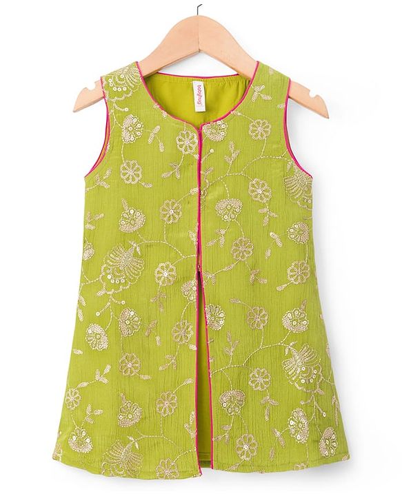 Babyhug Woven Sleeveless Kurti Palazzo Set with Dupatta & Sequin Detailing - Green