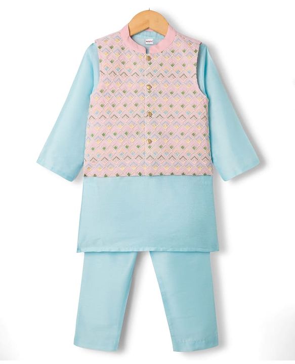 Babyhug Cotton Blend Woven Full Sleeves Kurta Pyjama With Embroidered Nehru Jacket - Light Blue