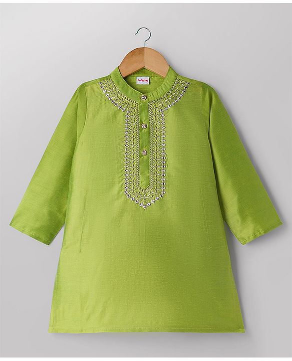 Babyhug Cotton Blend Woven Full Sleeves Embroidered Kurta & Pyjama Set - Green