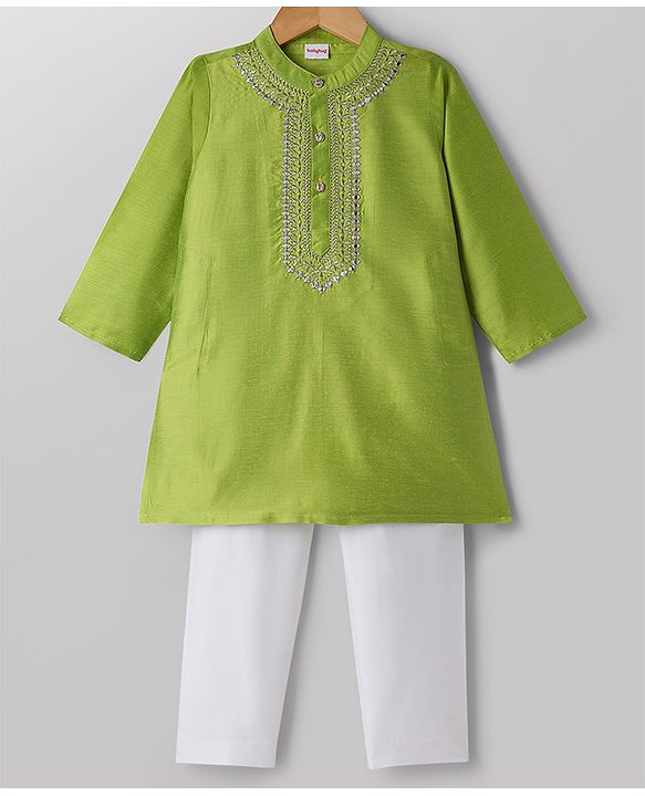 Babyhug Cotton Blend Woven Full Sleeves Embroidered Kurta & Pyjama Set - Green