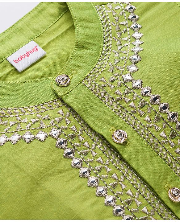 Babyhug Cotton Blend Woven Full Sleeves Embroidered Kurta & Pyjama Set - Green
