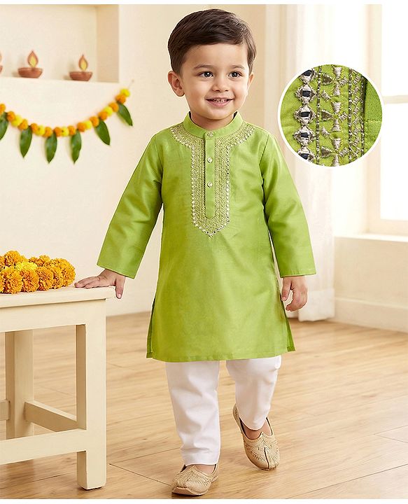 Babyhug Cotton Blend Woven Full Sleeves Embroidered Kurta & Pyjama Set - Green