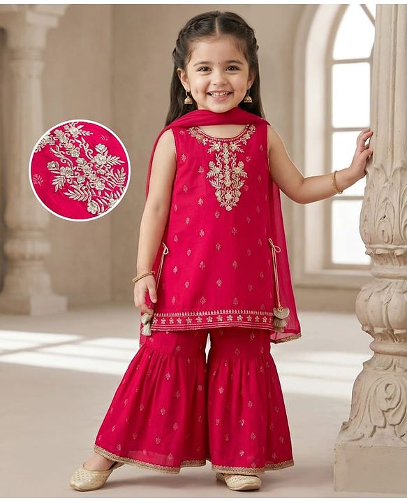 Babyhug Cotton Blend Woven Sleeveless Kurti Gharara Set with Dupatta & Floral Embroidery - Fuchsia