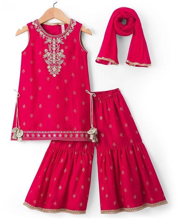 Babyhug Cotton Blend Woven Sleeveless Kurti Gharara Set with Dupatta & Floral Embroidery - Fuchsia