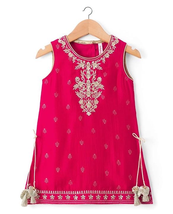 Babyhug Cotton Blend Woven Sleeveless Kurti Gharara Set with Dupatta & Floral Embroidery - Fuchsia