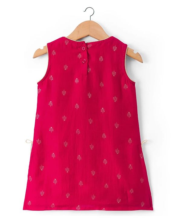 Babyhug Cotton Blend Woven Sleeveless Kurti Gharara Set with Dupatta & Floral Embroidery - Fuchsia