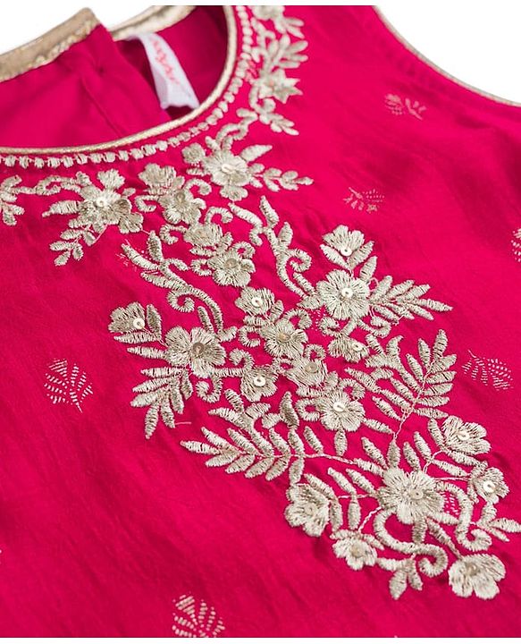 Babyhug Cotton Blend Woven Sleeveless Kurti Gharara Set with Dupatta & Floral Embroidery - Fuchsia