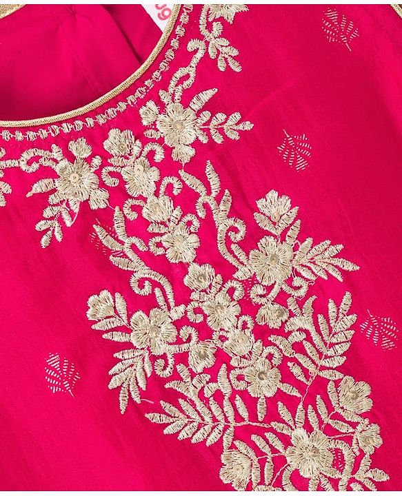Babyhug Cotton Blend Woven Sleeveless Kurti Gharara Set with Dupatta & Floral Embroidery - Fuchsia