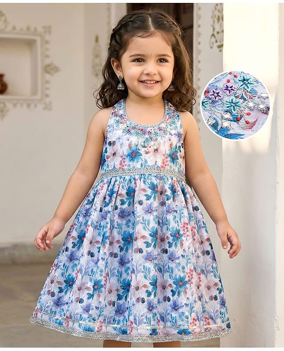 Babyhug 100% Cotton Woven Sleeveless Schiffly Floral Printed Ethnic Dress With Halter Neck - White