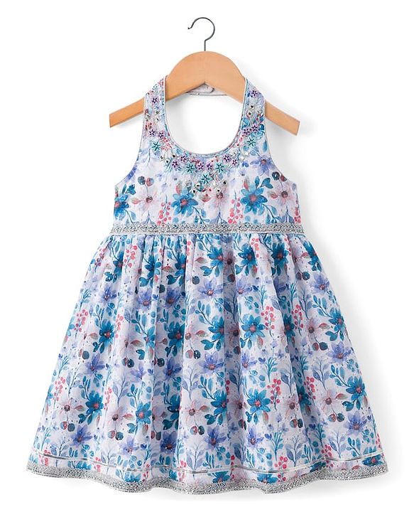 Babyhug 100% Cotton Woven Sleeveless Schiffly Floral Printed Ethnic Dress With Halter Neck - White