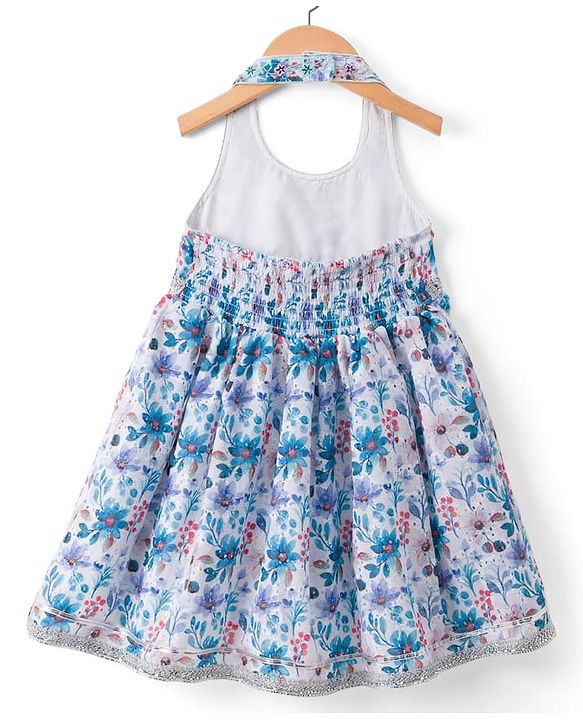 Babyhug 100% Cotton Woven Sleeveless Schiffly Floral Printed Ethnic Dress With Halter Neck - White