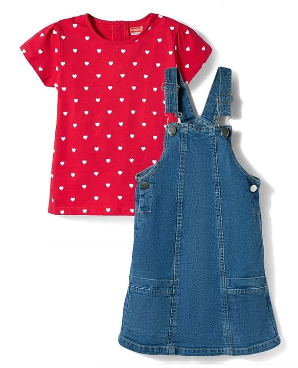 Babyhug Woven Denim Frock & Half Sleeves Inner Tee With Heart Print - Blue & Red