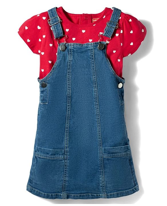 Babyhug Woven Denim Frock & Half Sleeves Inner Tee With Heart Print - Blue & Red