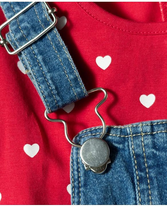 Babyhug Woven Denim Frock & Half Sleeves Inner Tee With Heart Print - Blue & Red