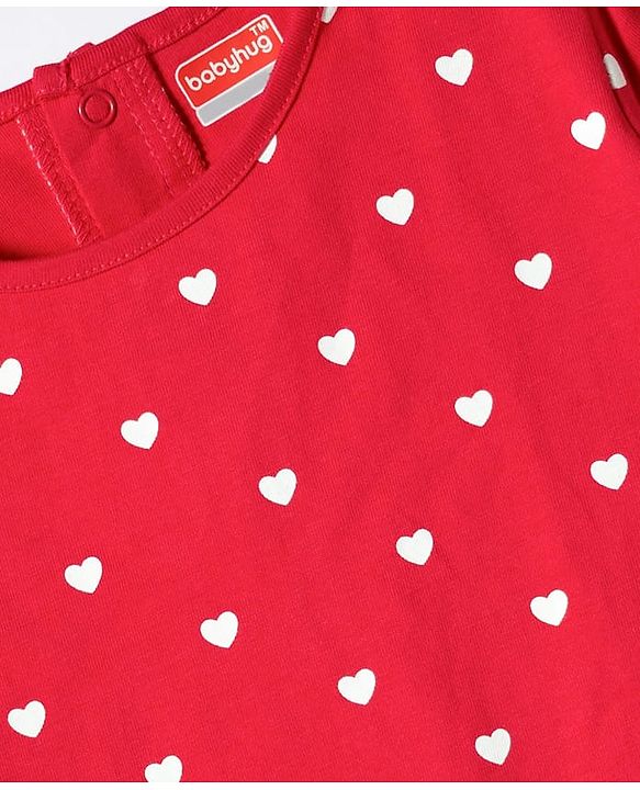 Babyhug Woven Denim Frock & Half Sleeves Inner Tee With Heart Print - Blue & Red
