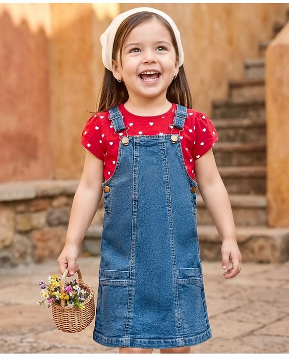 Babyhug Woven Denim Frock & Half Sleeves Inner Tee With Heart Print - Blue & Red