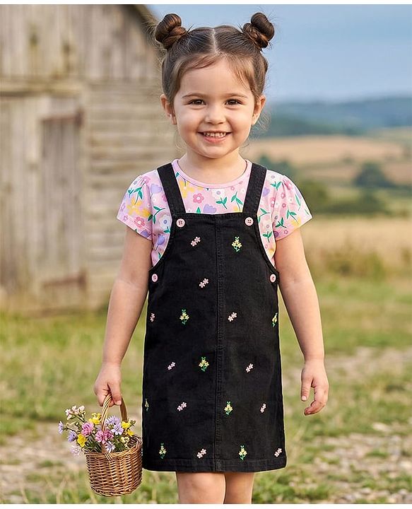 Babyhug 100% Cotton Woven Half Sleeves Floral Printed & Embroidered Frock With Inner Tee - Black