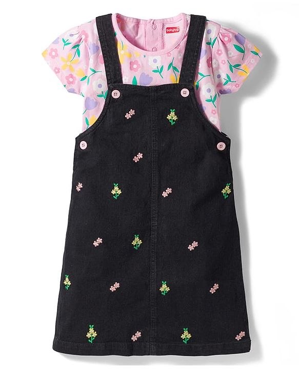 Babyhug 100% Cotton Woven Half Sleeves Floral Printed & Embroidered Frock With Inner Tee - Black