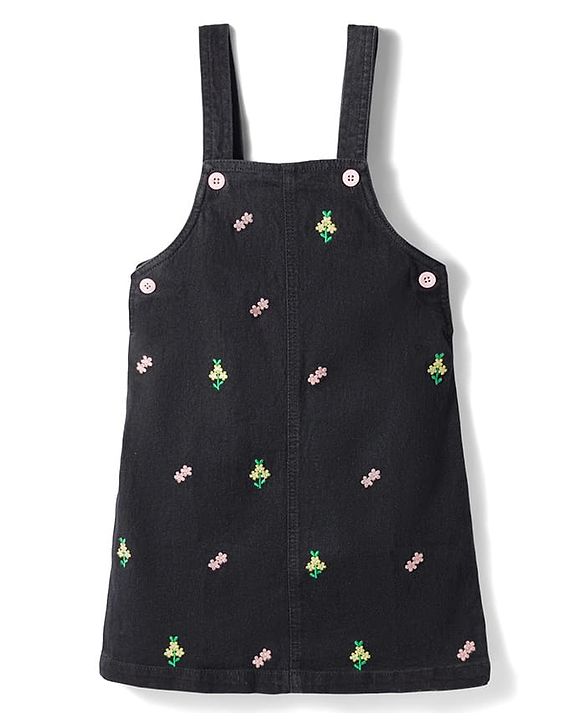 Babyhug 100% Cotton Woven Half Sleeves Floral Printed & Embroidered Frock With Inner Tee - Black