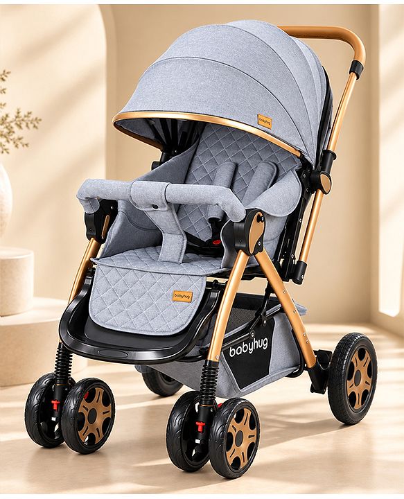 Babyhug Landscape Stroller with Reversible Handle Grey| Multi-Recline Backrest| UV Protection Canopy| 5-Point Harness| All-Wheel Suspension| Swivel Wheels| Trolley-Style Pull Handle| Linked Brake