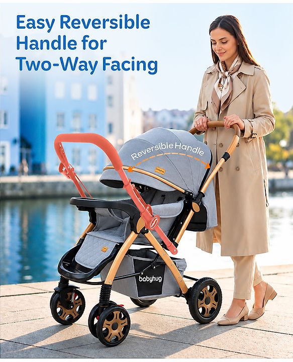 Babyhug Landscape Stroller with Reversible Handle Grey| Multi-Recline Backrest| UV Protection Canopy| 5-Point Harness| All-Wheel Suspension| Swivel Wheels| Trolley-Style Pull Handle| Linked Brake